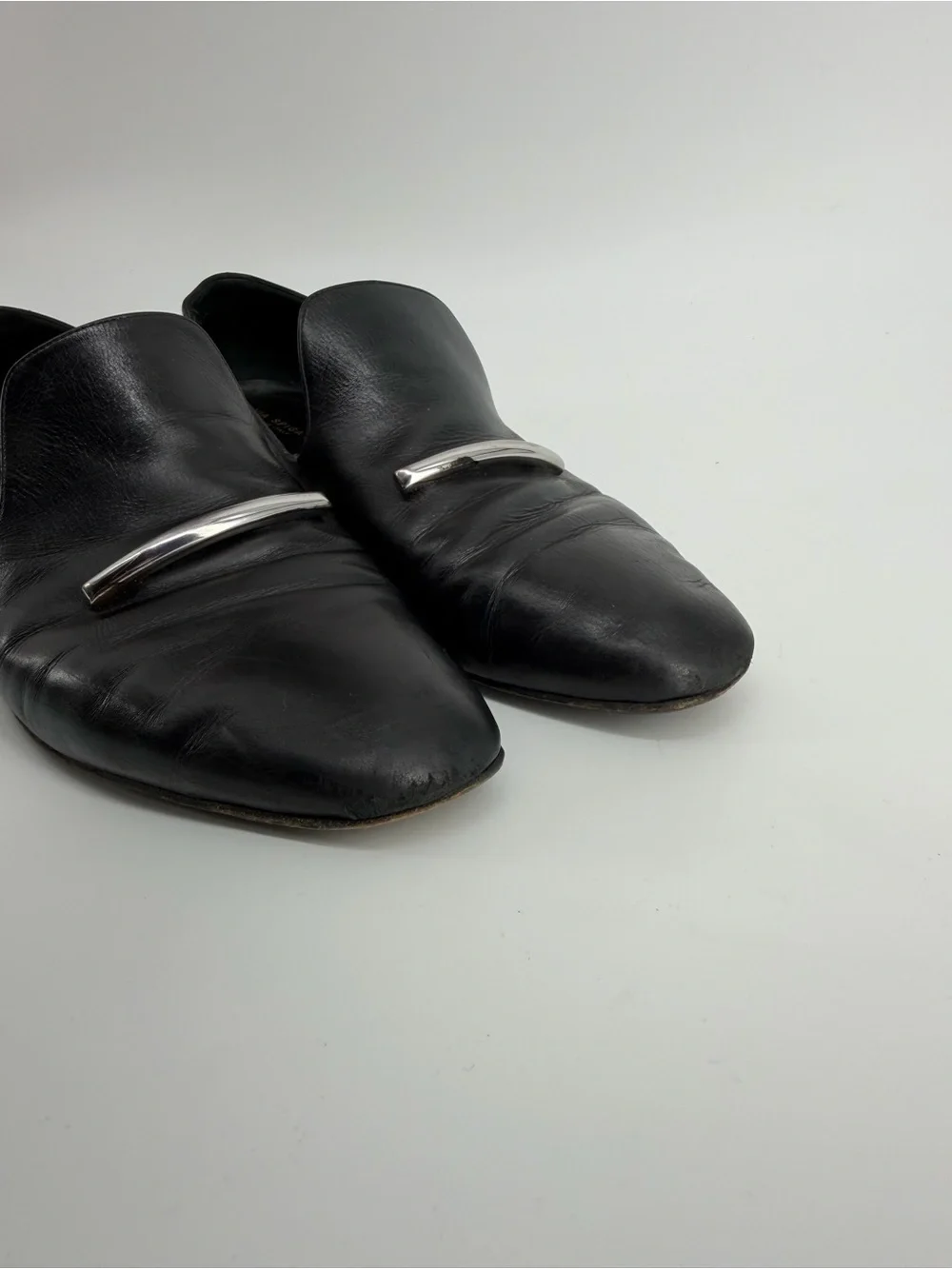 Via Spiga Black Leather Loafers Silver Hardware Slip On Flats Made in Italy 10